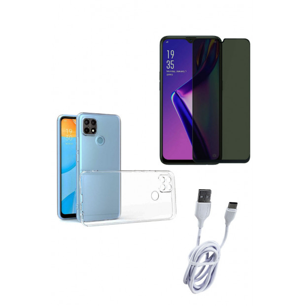 Oppo A15 - A15S Hayalet Ekran Koruyucu, Şeffaf Kılıf ve Şarj Kablosu Seti | 3'lü Koruma Paketi