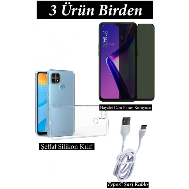 Oppo A15 - A15S Hayalet Ekran Koruyucu, Şeffaf Kılıf ve Şarj Kablosu Seti | 3'lü Koruma Paketi