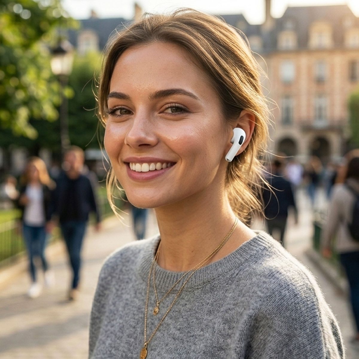 Şehirde yürürken kulağında dışarıya ses vermeyen yeni nesil kablosuz bluetooth kulaklık modeli bulunan gülümseyen kadın kullanıcı.