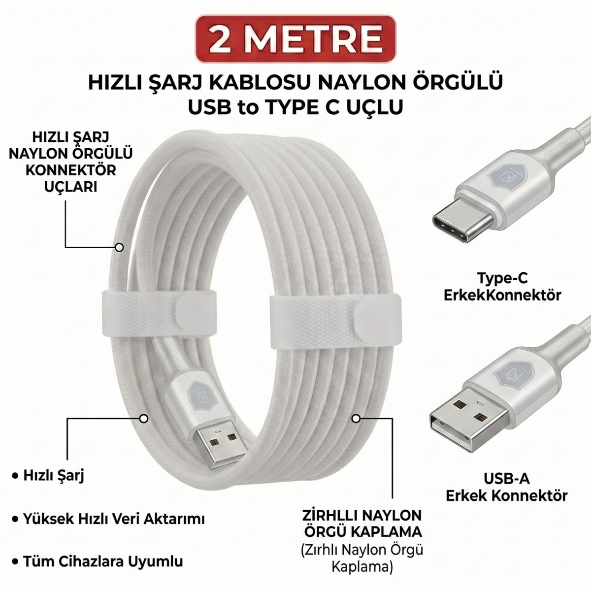 3.4 Amper akım destekli 2 metre type c kablo naylon örgülü sargı ön görünümü
