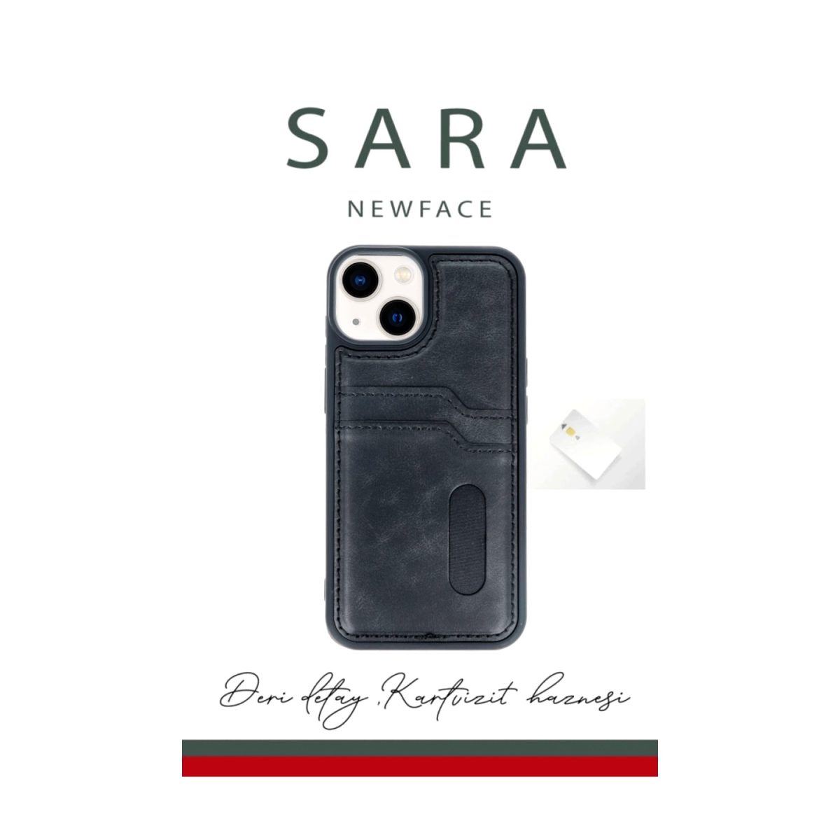 Apple iPhone 14 Kılıf Sara Kartvizitli Deri Kılıf - Koyu Yeşil - Görsel 9